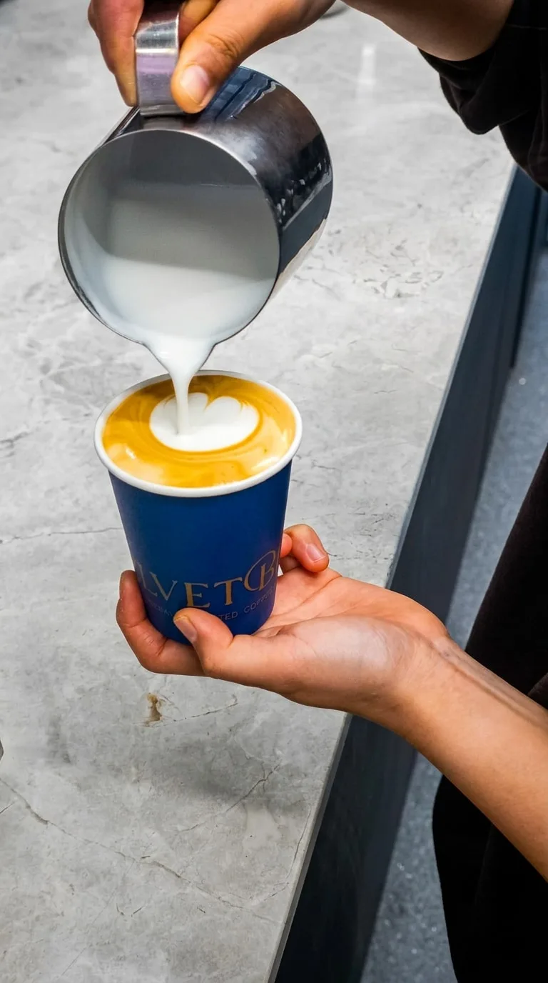 Steamed milk poured from a jug into a Velvet Bean cup held in one hand over the café bench